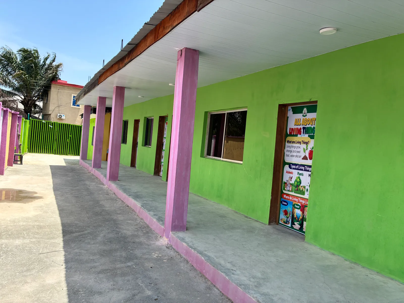 The classroom block and its covered walkway